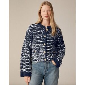 NWT J.Crew Relaxed Tweed Jacket Cardigan Navy Textured Knit Gold Button Sweater